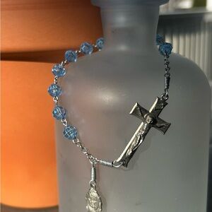 Silver and Blue Beaded Rosary Necklace
